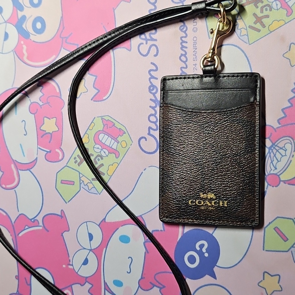 Coach Black Brown Leather Lanyard ID Holder